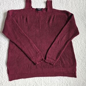 Hooked Up Long Sleeve Cold Shoulder Tank Straps Sweater - Maroon Red - Large
